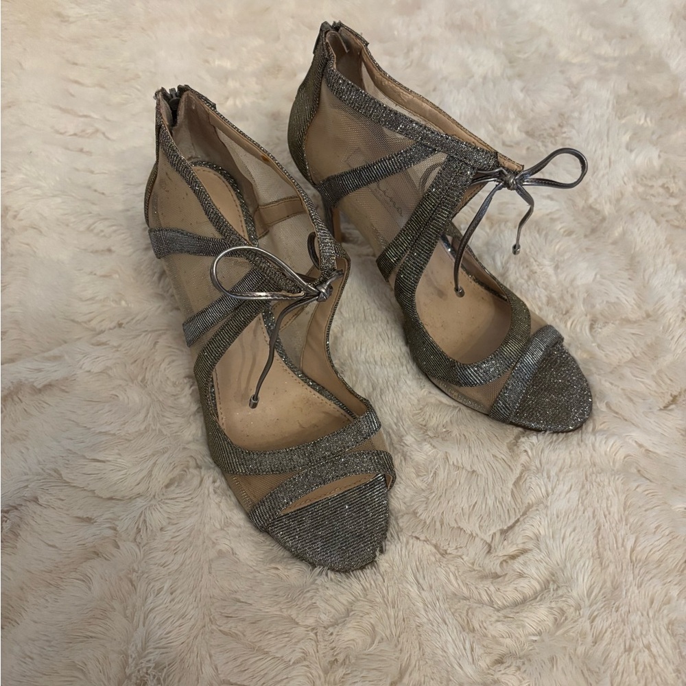 Women's Glitter Lace-Up Strappy Heels in Sparkling Metallic Taupe
